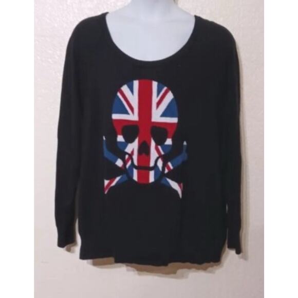 TORRID Black Sweater w Skull in Britain Flag Size 3 Long sleeve 100% Cotton - Picture 2 of 6